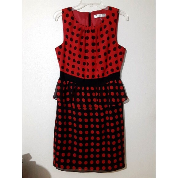 TRINA TURK Ladybug SILK BLACK RED POLKA DOT PEPLUM SHEATH PARTY WORK DRESS 10 - Picture 1 of 10